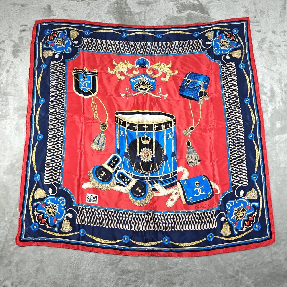 Vintage Pierre Cardin Scarf Womens Red Blue Silk Square Paris Musees Drum Italy